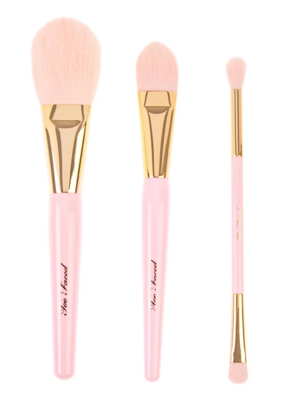NIB Too Faced Pink & Gold 3-Pc Makeup Brush Set- Foundation Powder Eyeshadow